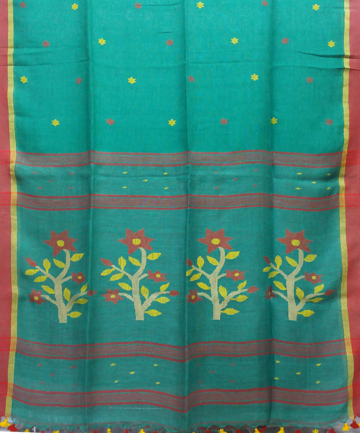 Green Handloom Linen Jamdani Bengal Saree