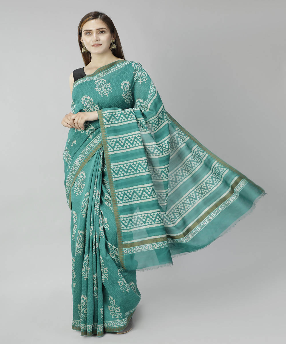 Cyan green bagru handblock printed cotton silk saree