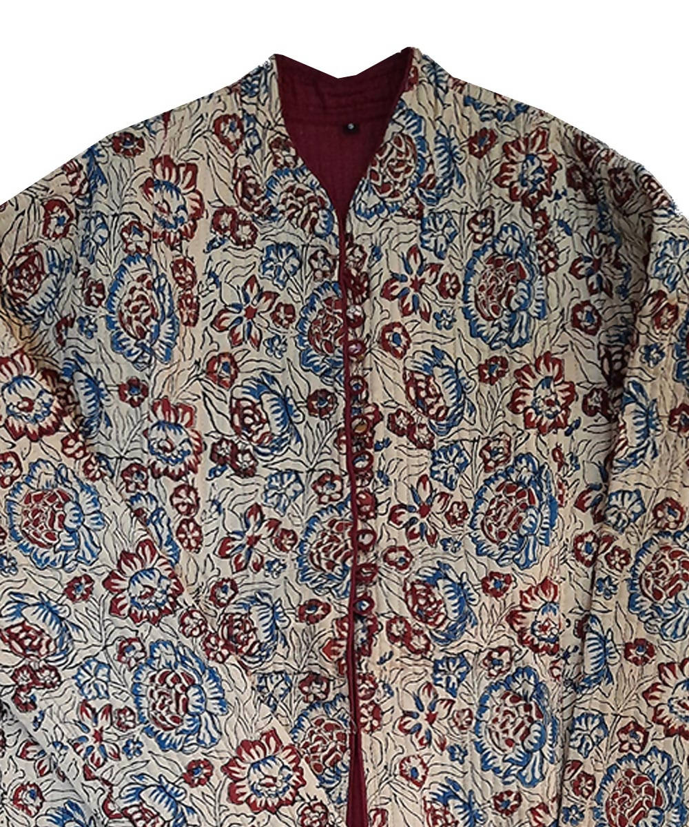 Beige maroon handblock printed cotton quilted long jacket