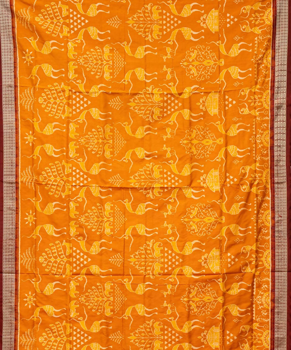 Amber yellow maroon ikat silk handloom sambalpuri saree