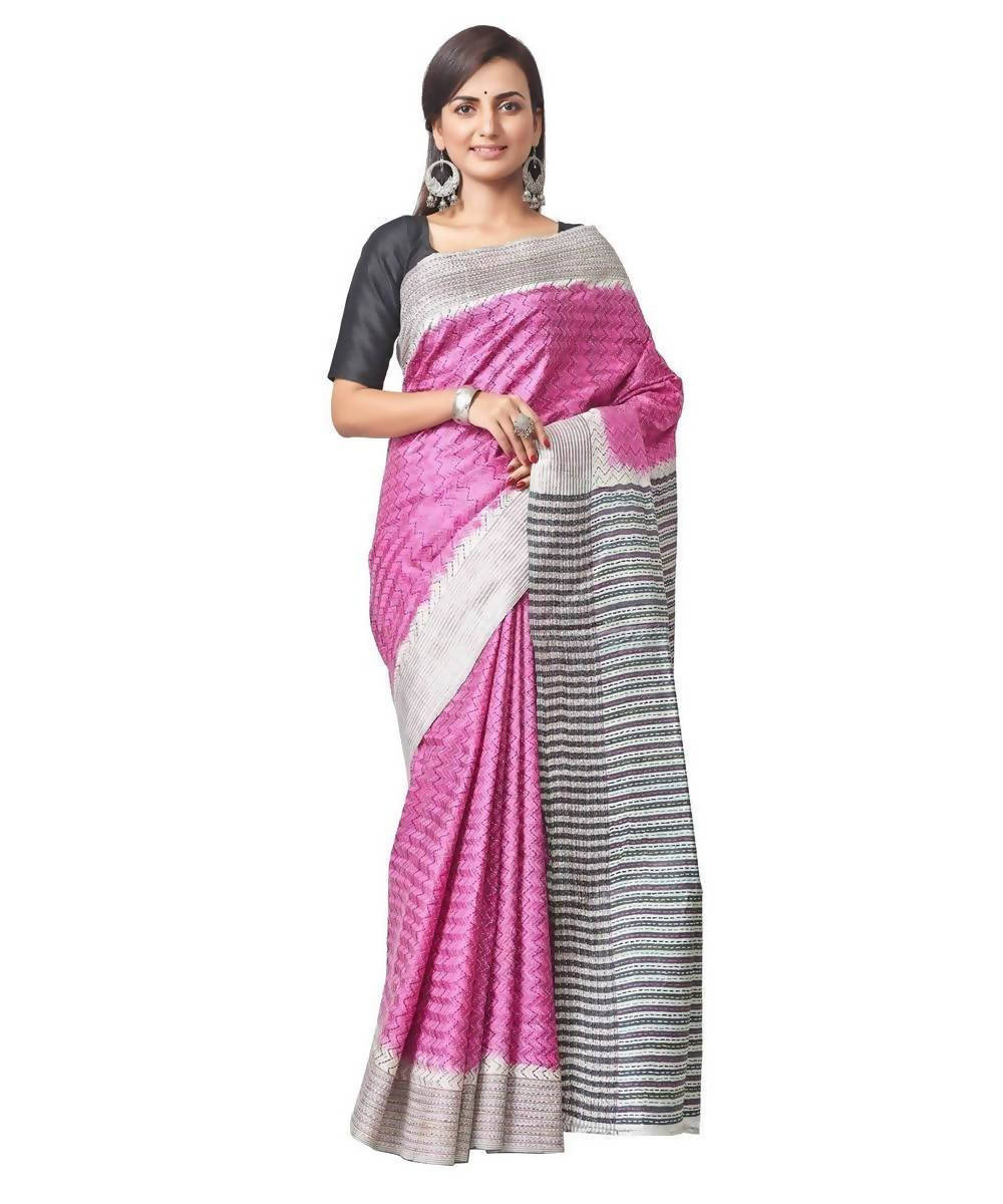 Biswa bangla handwoven pink jalchiri kantha tussar silk saree