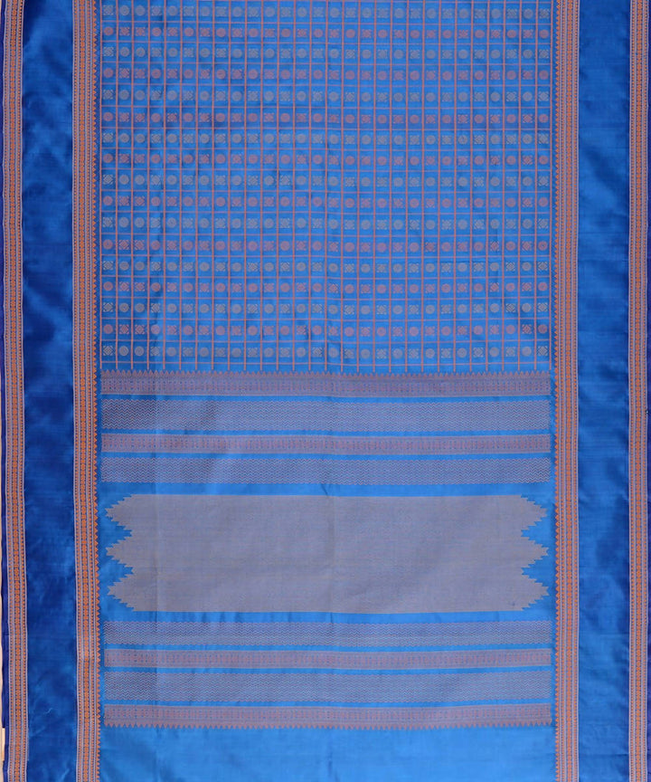 Peacock blue Kanjivaram silk cotton thread work checks butta saree