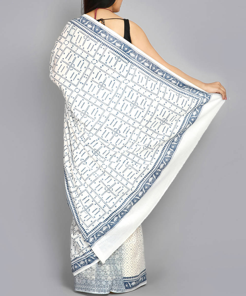 Kiara crafts white half and half hand block print mul cotton saree
