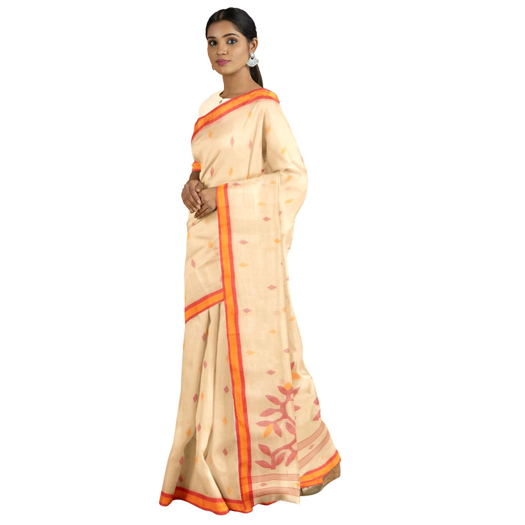 Tantuja light orange handloom cotton jamdani saree