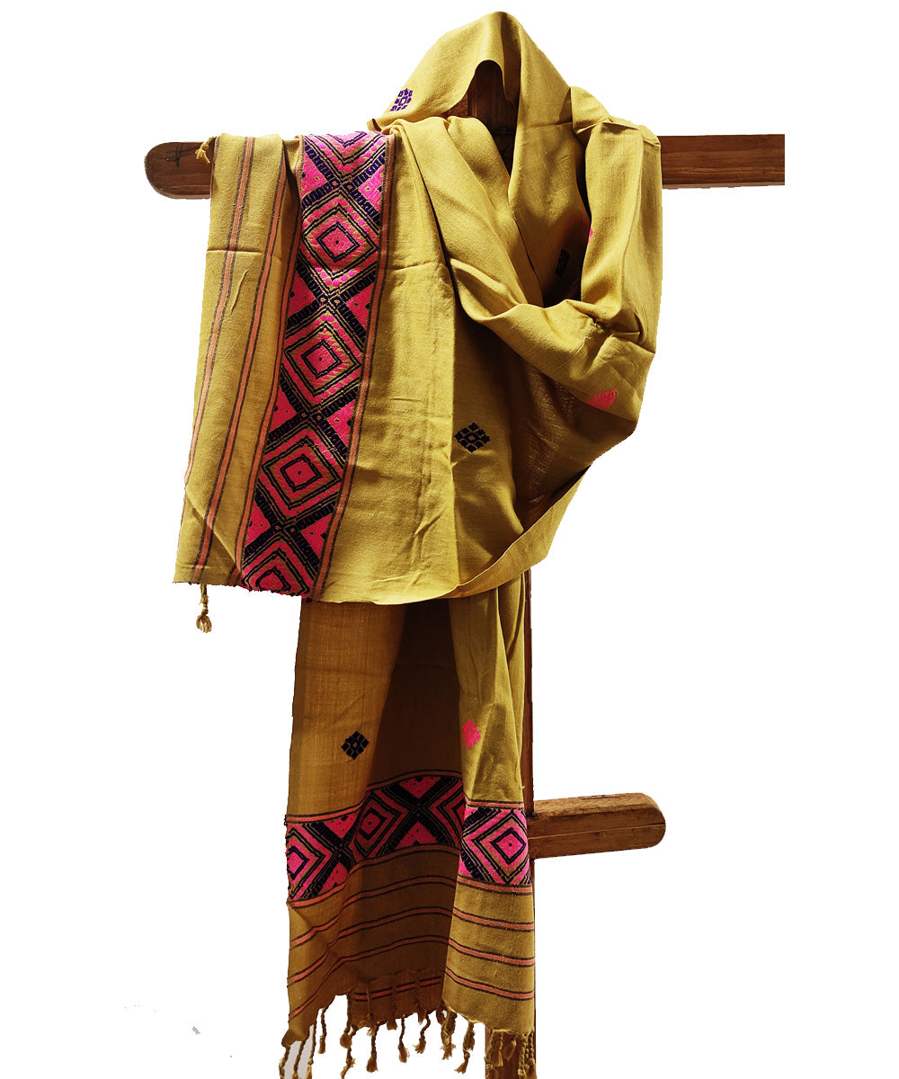 Yellow pink handwoven cotton assam stole