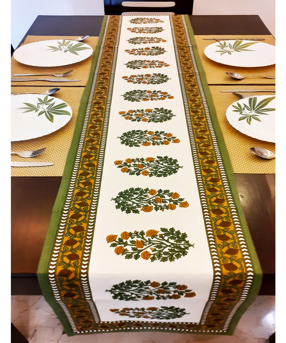 White green handblock print cotton table runner