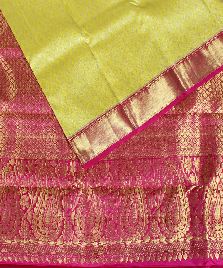 Yellow dark pink handwoven karnataka brocade silk saree
