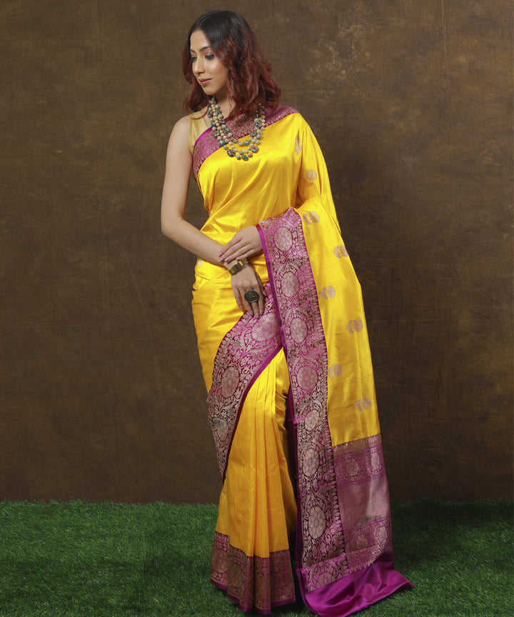 Yellow and purple silk handloom banarasi saree