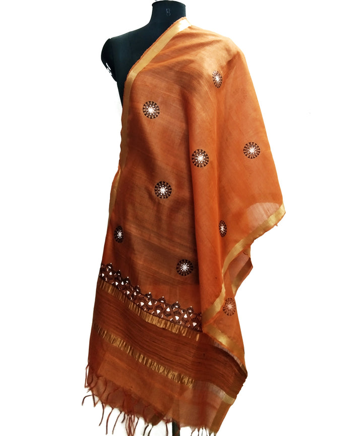 Orange golden godana art hand painted silk dupatta