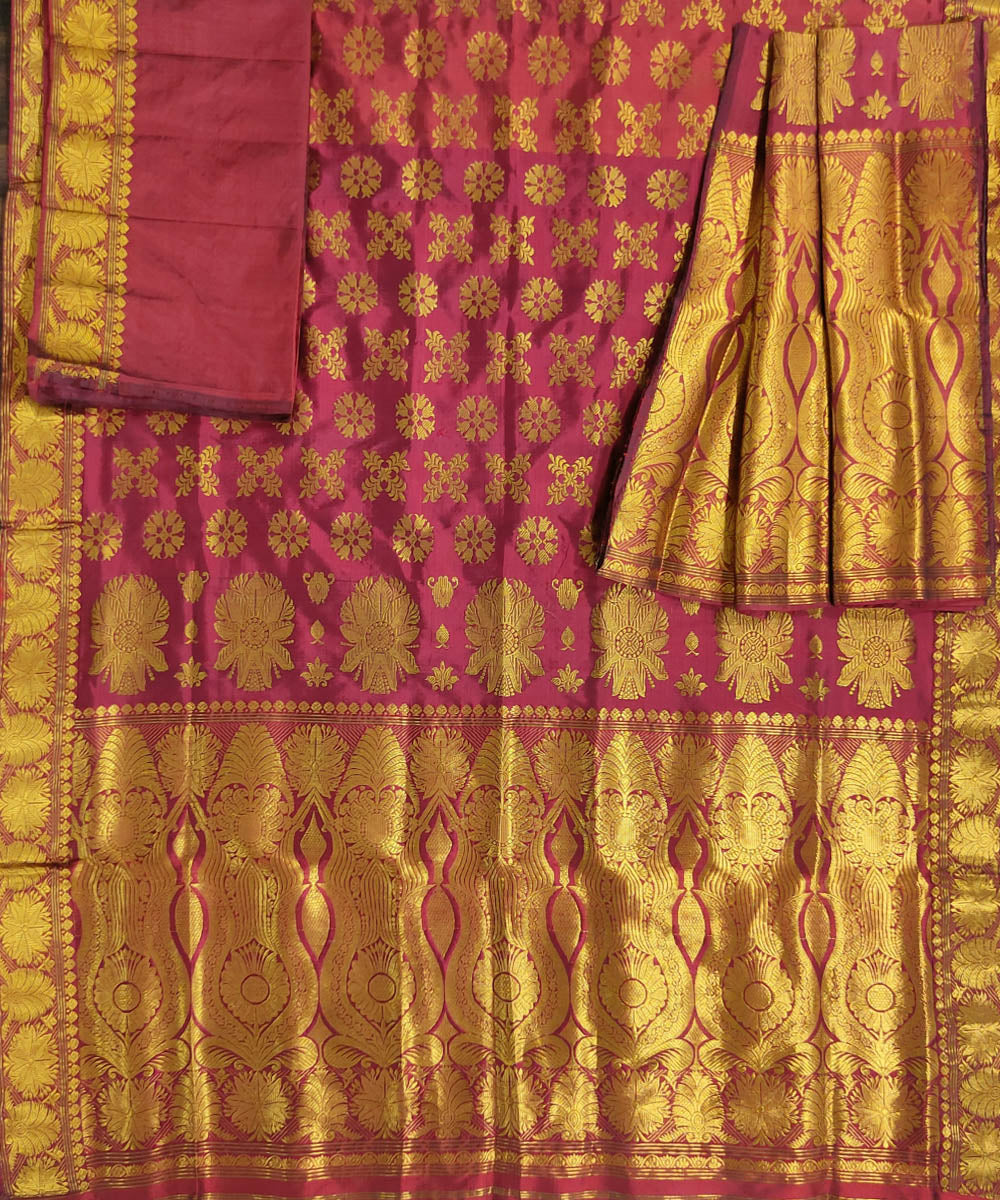 Maroon golden mulberry silk handwoven assam mekhela chador