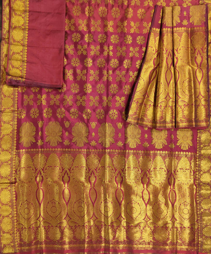 Maroon golden mulberry silk handwoven assam mekhela chador