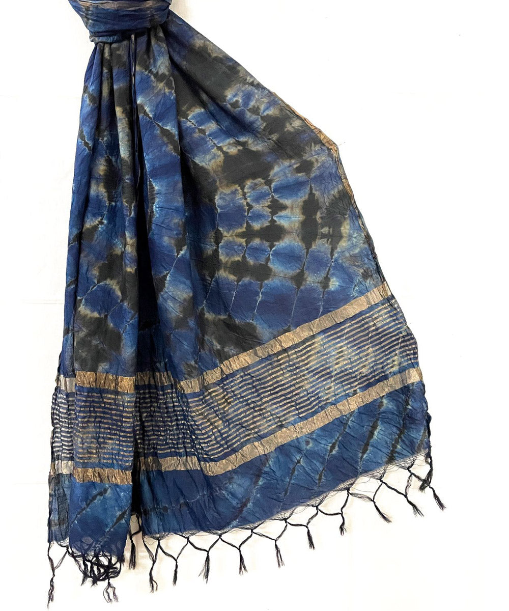 Blue black handwoven tie dye tussar silk stole