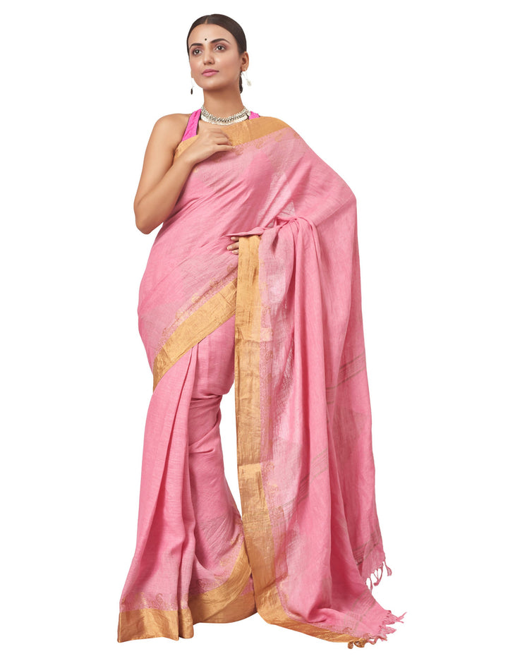 Biswa bangla handwoven pink linen nettle jacquard saree with Zari work