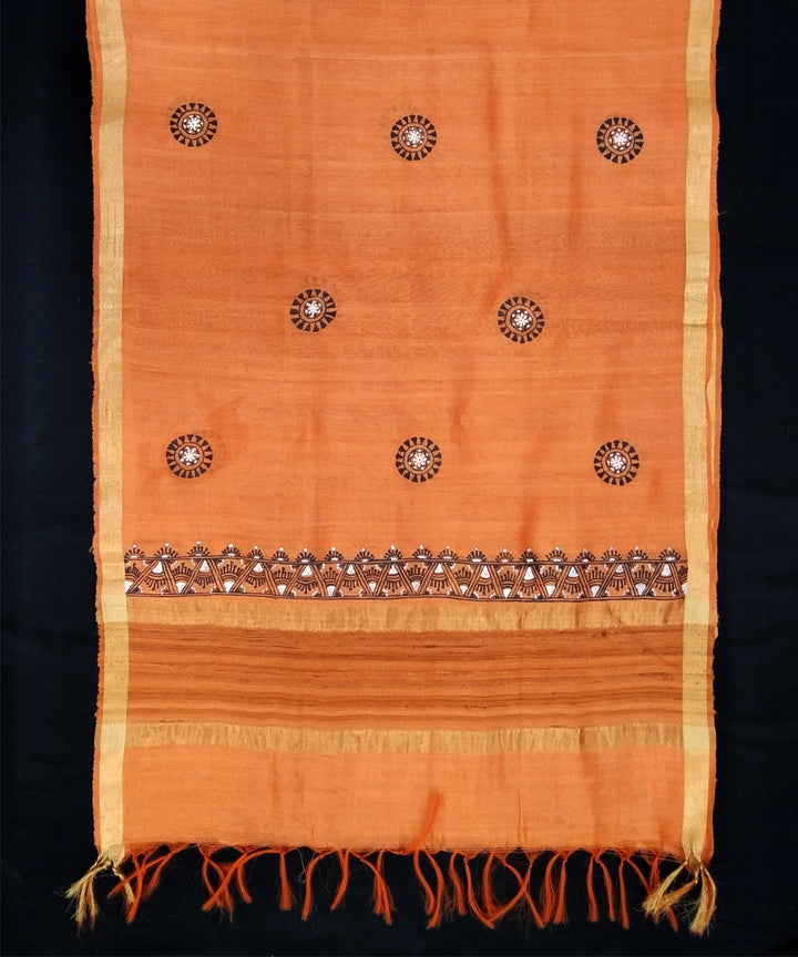 Orange golden godana art hand painted silk dupatta