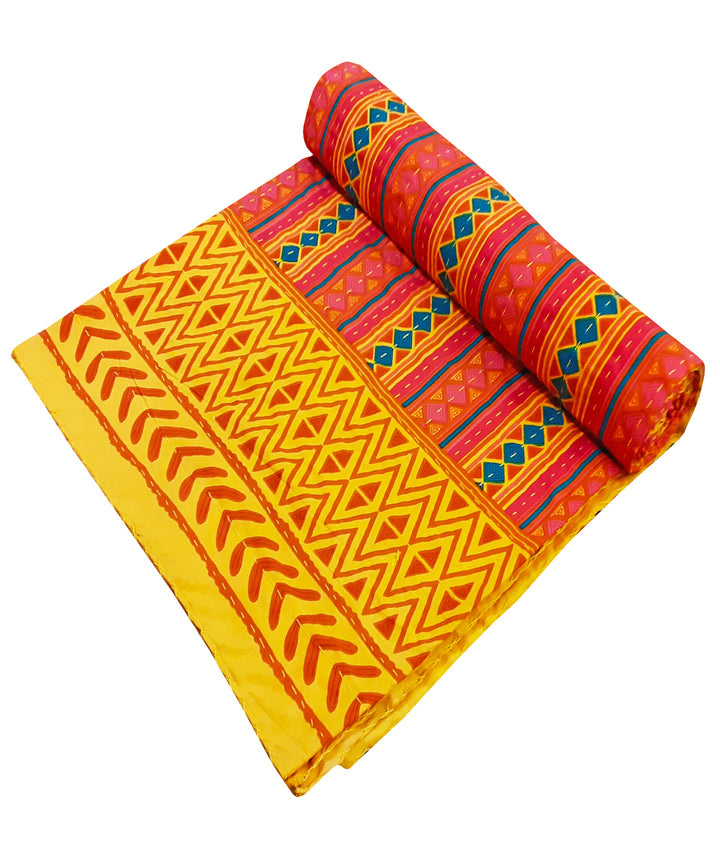 Yellow striped kantha work double layered cotton bed cover