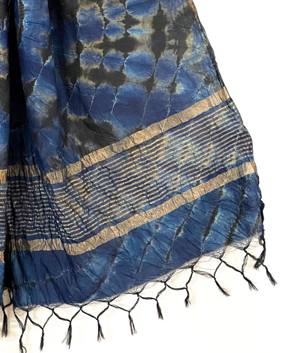 Blue black handwoven tie dye tussar silk stole
