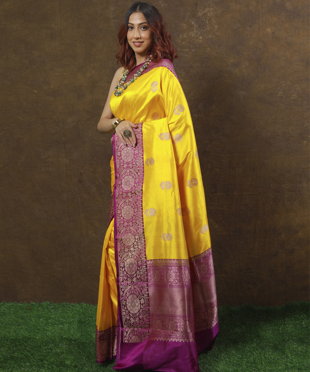 Yellow and purple silk handloom banarasi saree