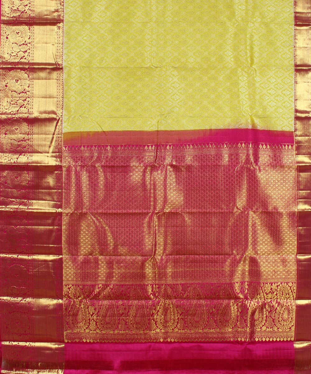 Yellow dark pink handwoven karnataka brocade silk saree