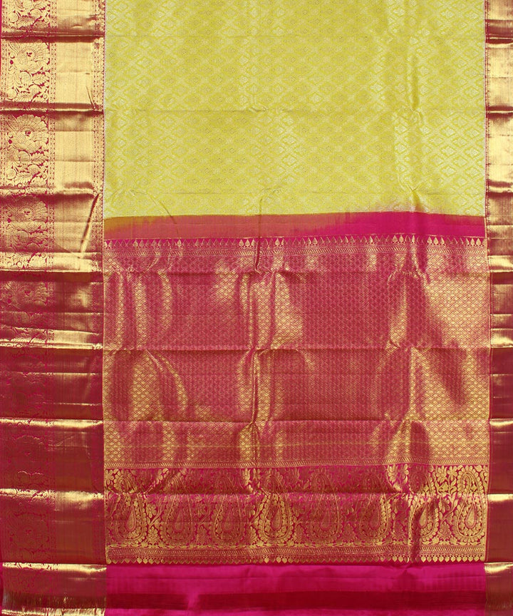 Yellow dark pink handwoven karnataka brocade silk saree