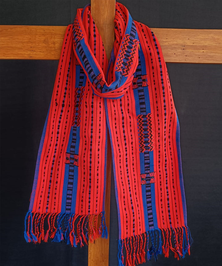 Red blue striped loin loom acrylic wool nagaland handwoven muffler