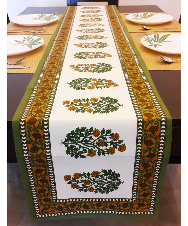 White green handblock print cotton table runner
