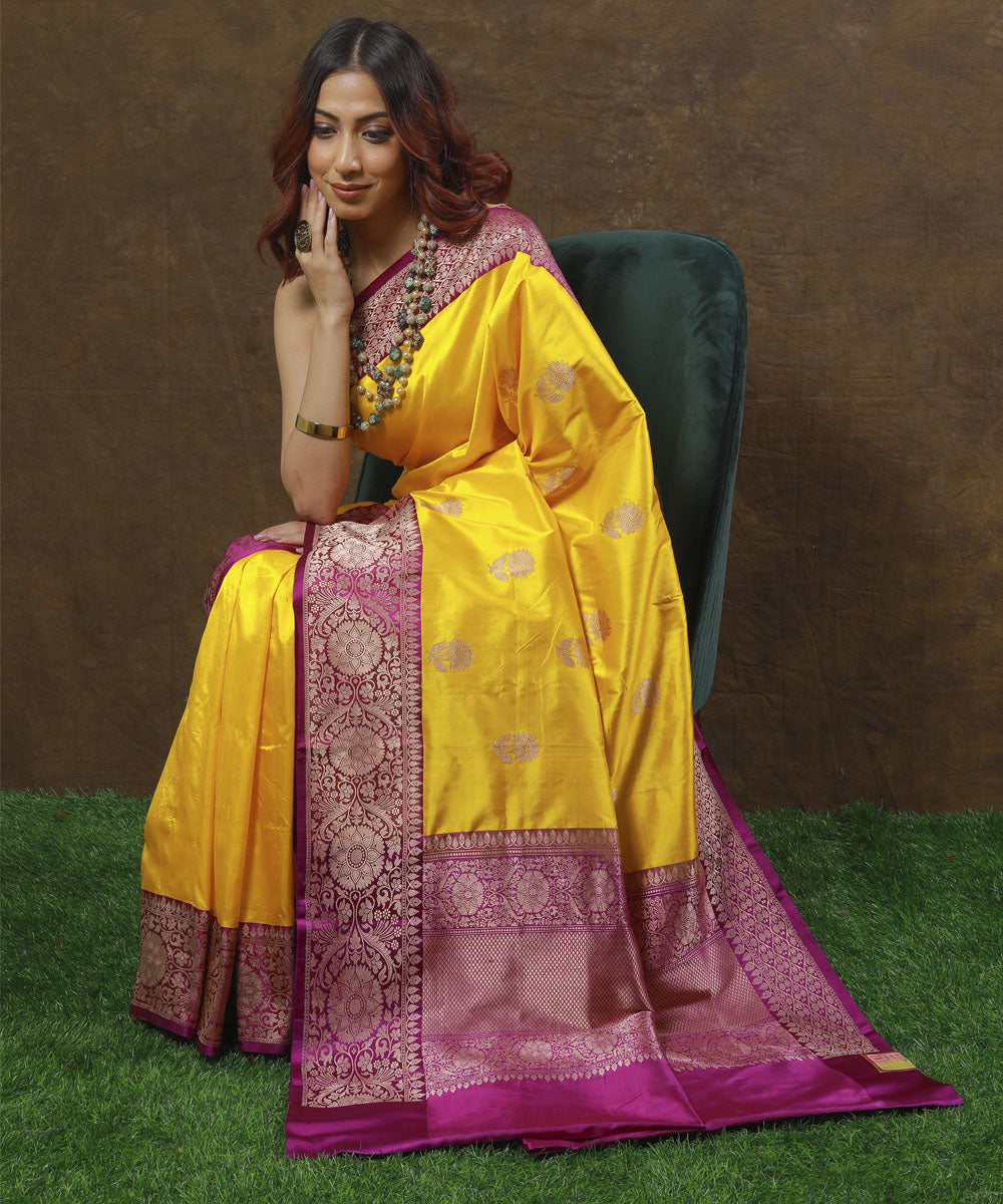 Yellow and purple silk handloom banarasi saree