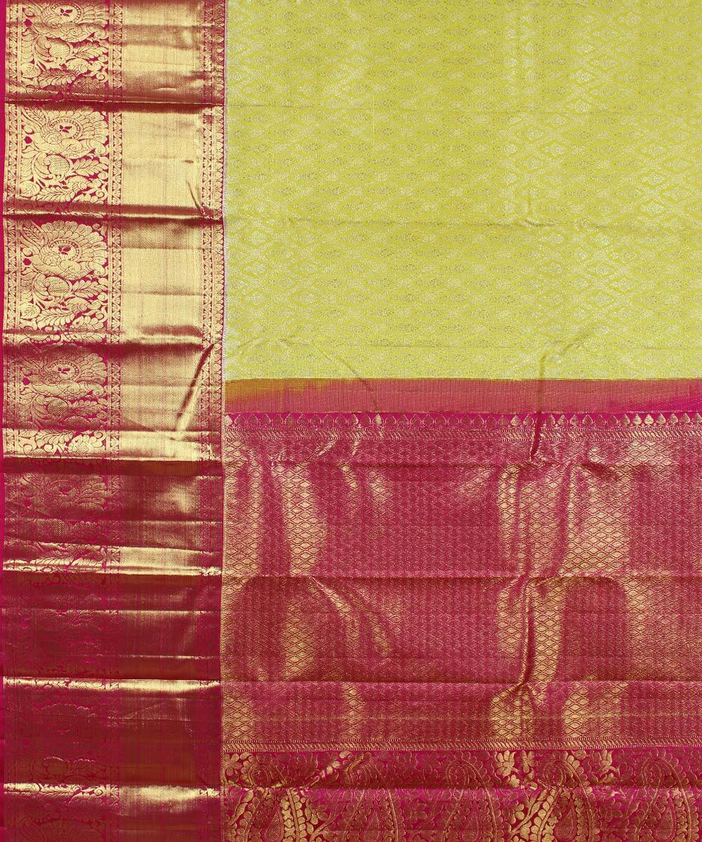 Yellow dark pink handwoven karnataka brocade silk saree