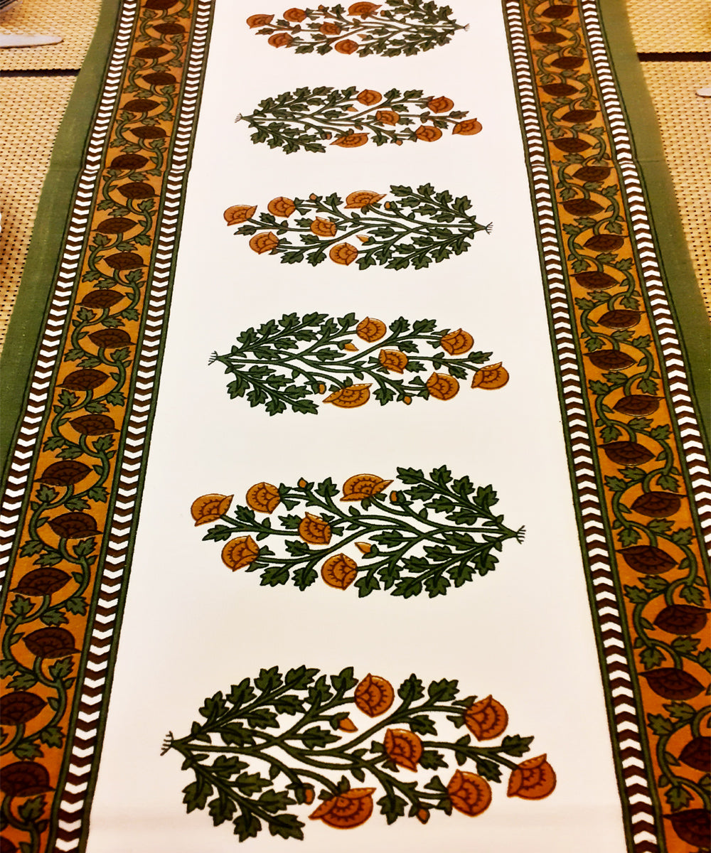 White green handblock print cotton table runner