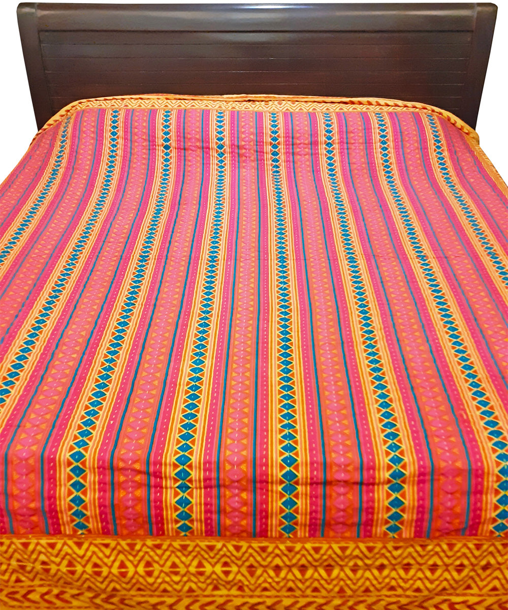 Yellow striped kantha work double layered cotton bed cover