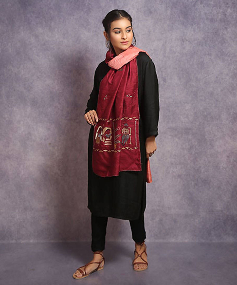 Maroon peach hand embroidery reversible silk stole