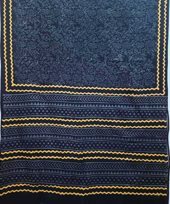 Black blue hand block print cotton saree