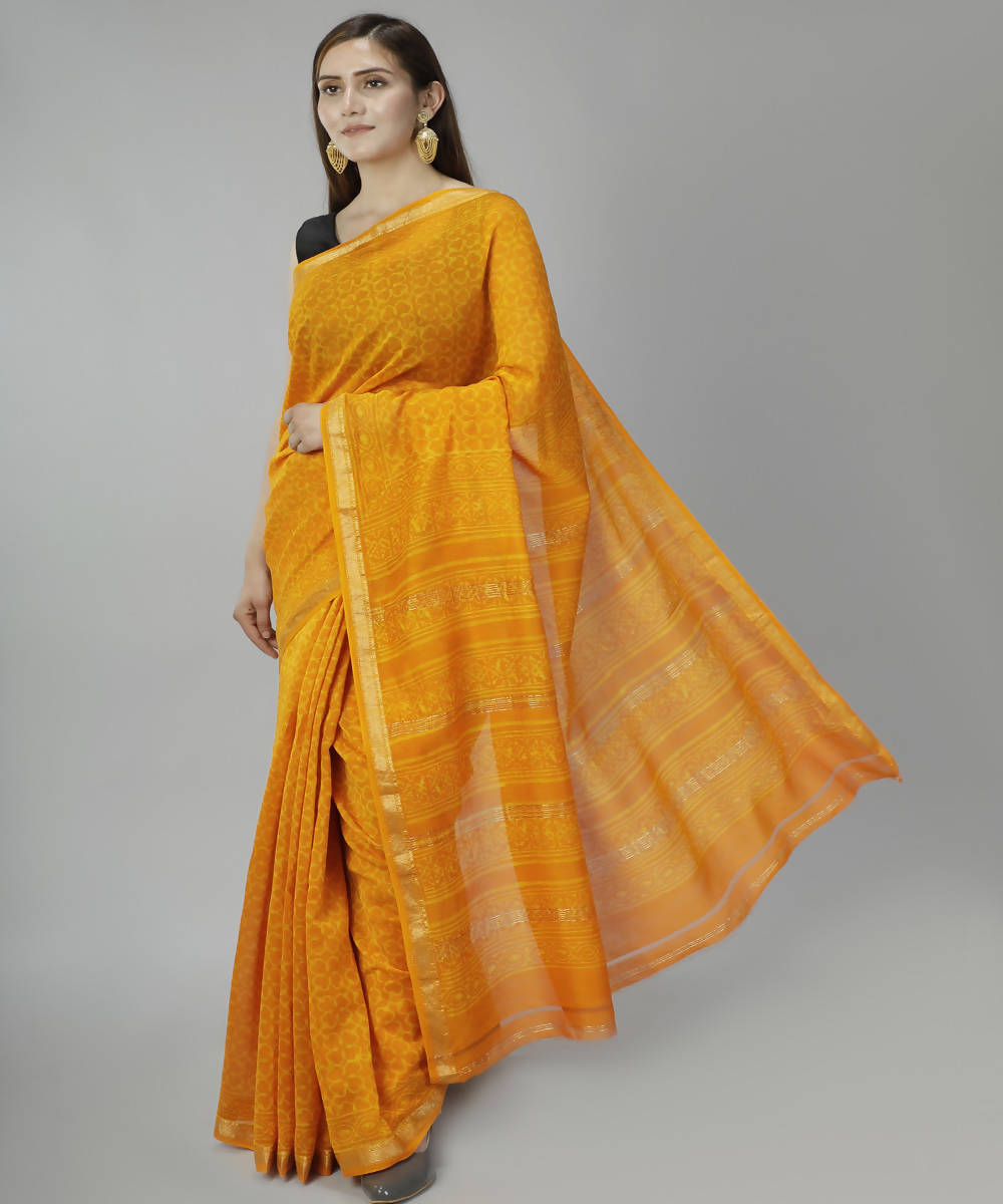 Orange yellow bagru handblock printed cotton silk saree