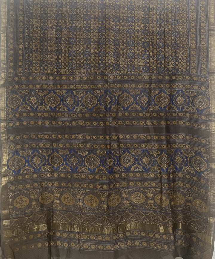 Beige blue hand block print chanderi cotton silk ajrakh saree