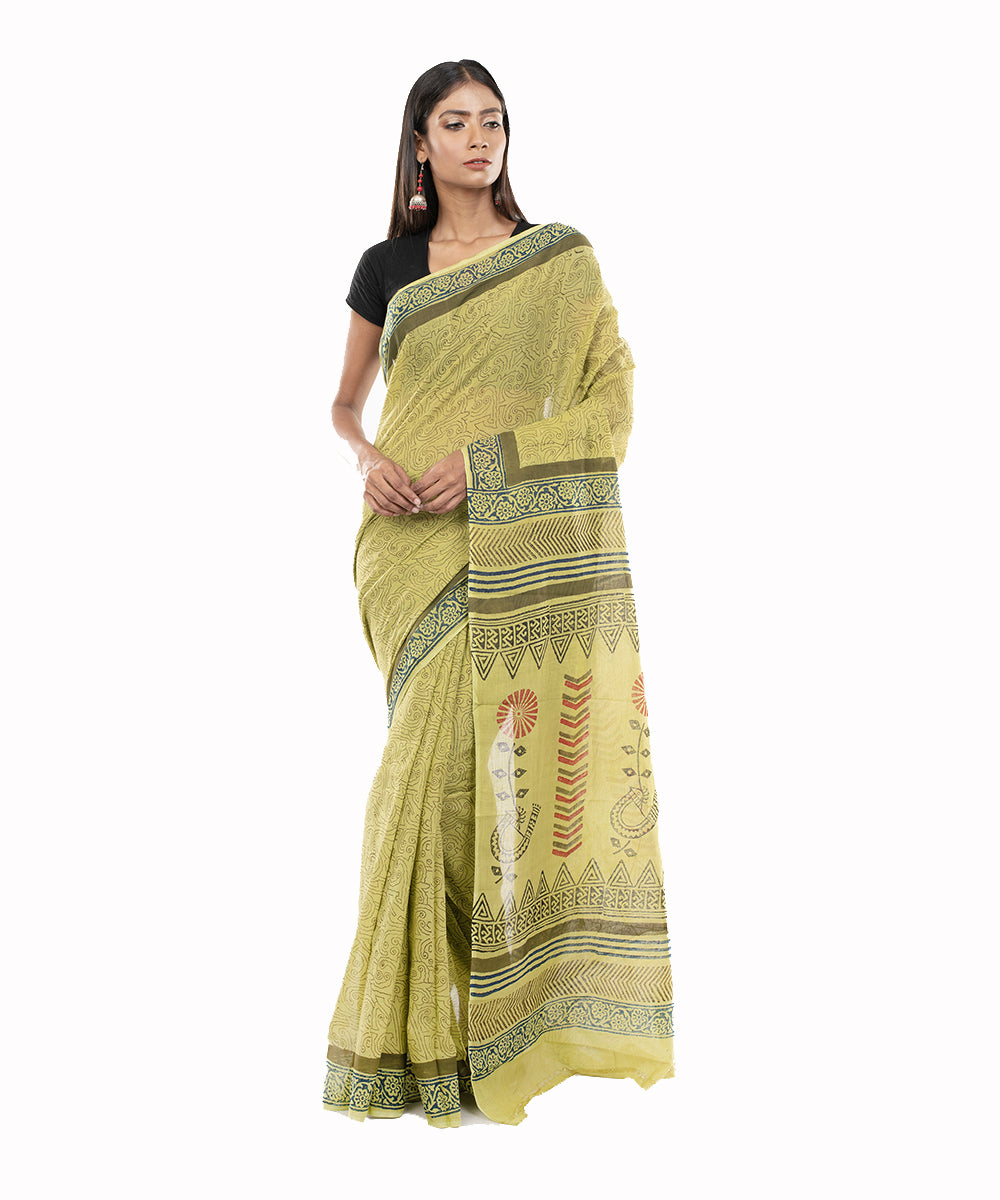 Yellow green handblock printed bengal cotton saree