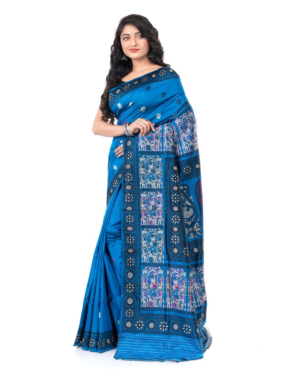 Blue handwoven malda silk minakari baluchari saree