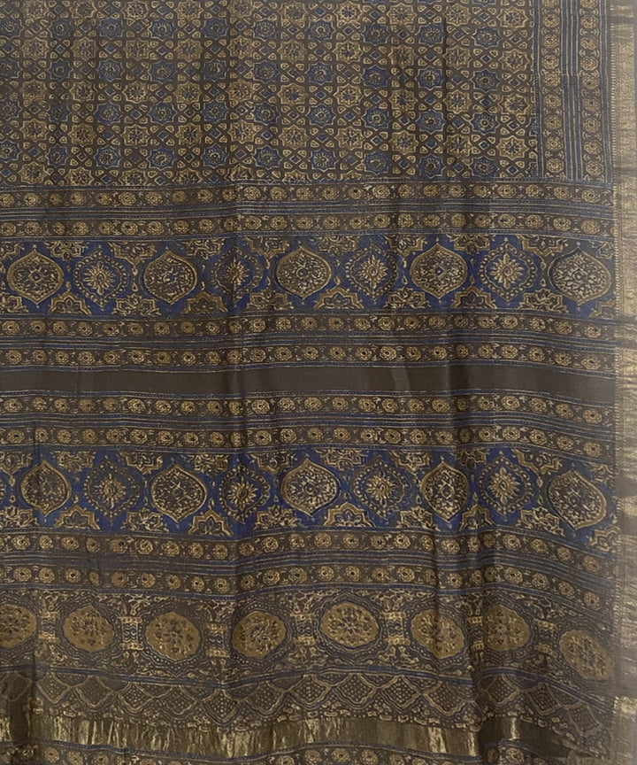 Beige blue hand block print chanderi cotton silk ajrakh saree