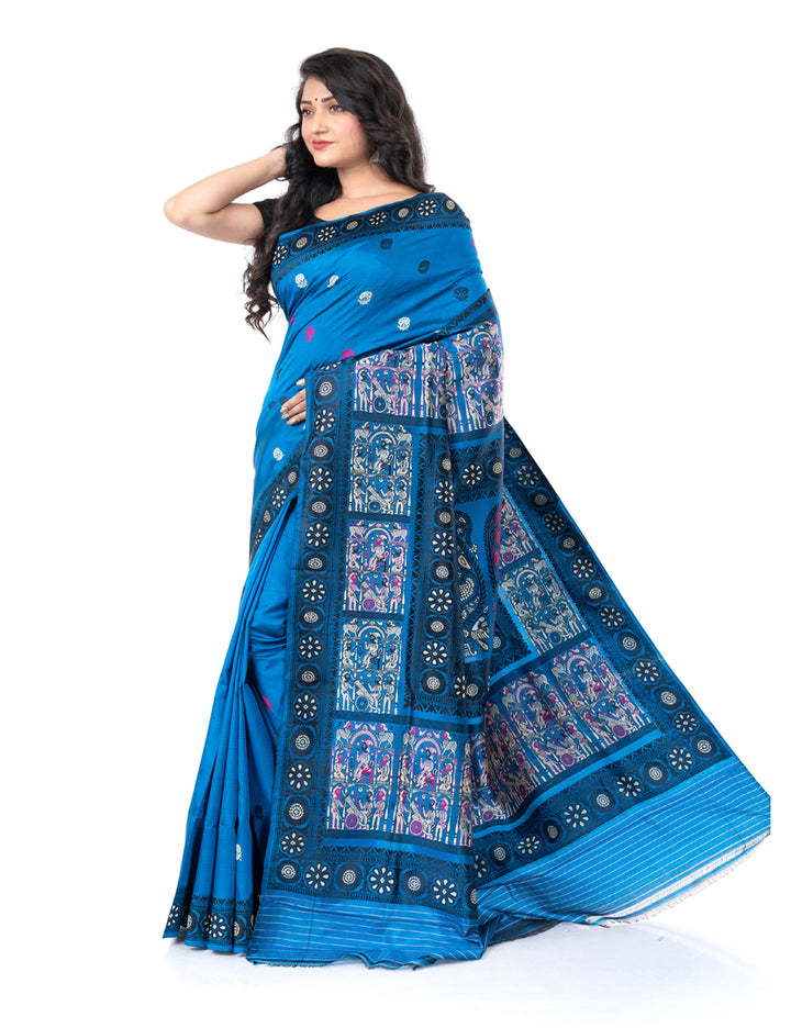 Blue handwoven malda silk minakari baluchari saree