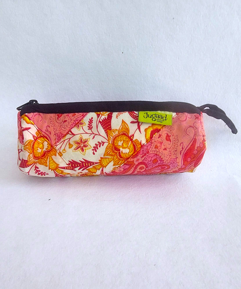 Red and pink handcrafted cotton pencil pouch
