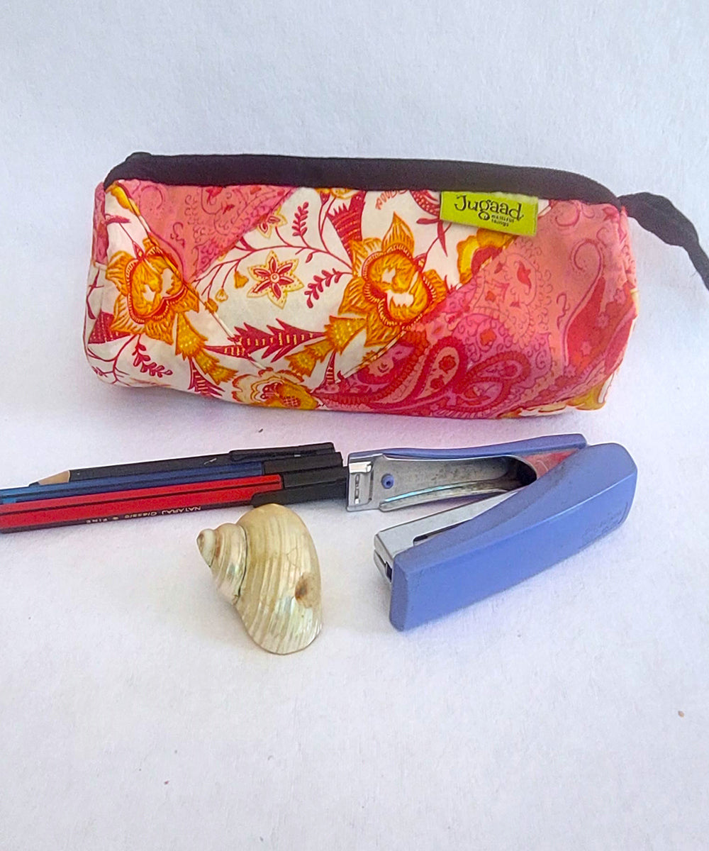 Red and pink handcrafted cotton pencil pouch
