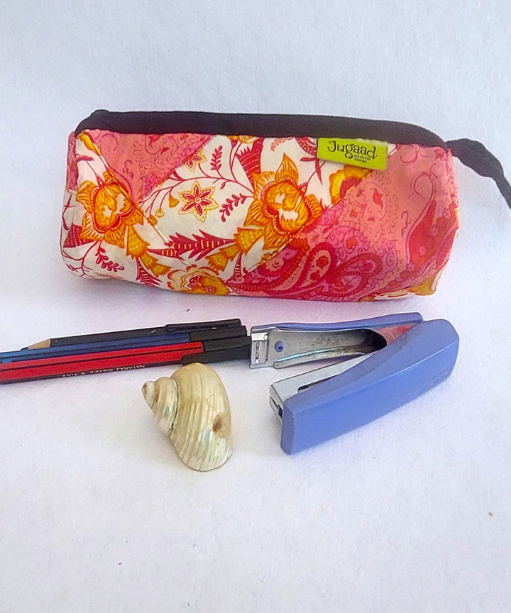 Red and pink handcrafted cotton pencil pouch