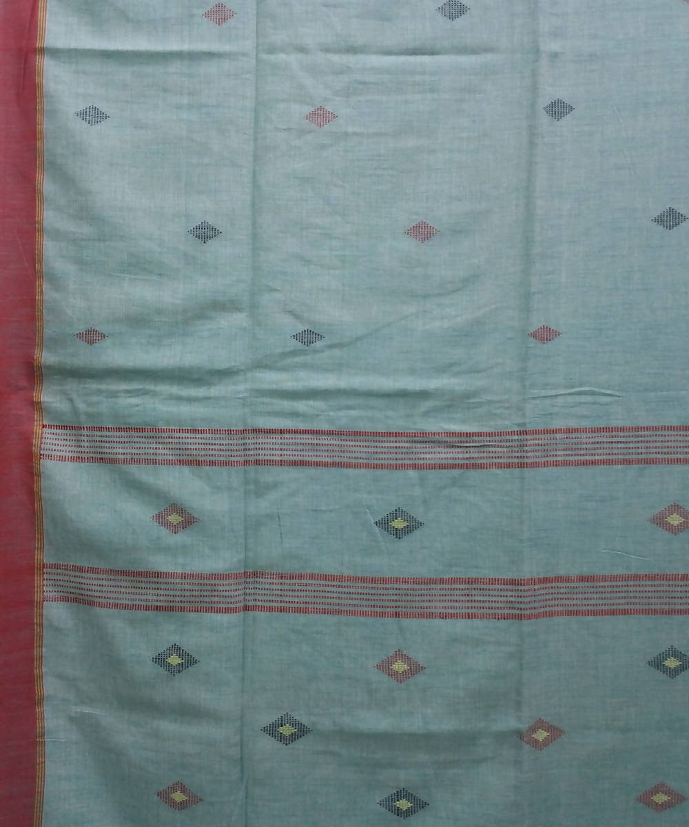 Green grey handspun handwoven cotton bengal saree
