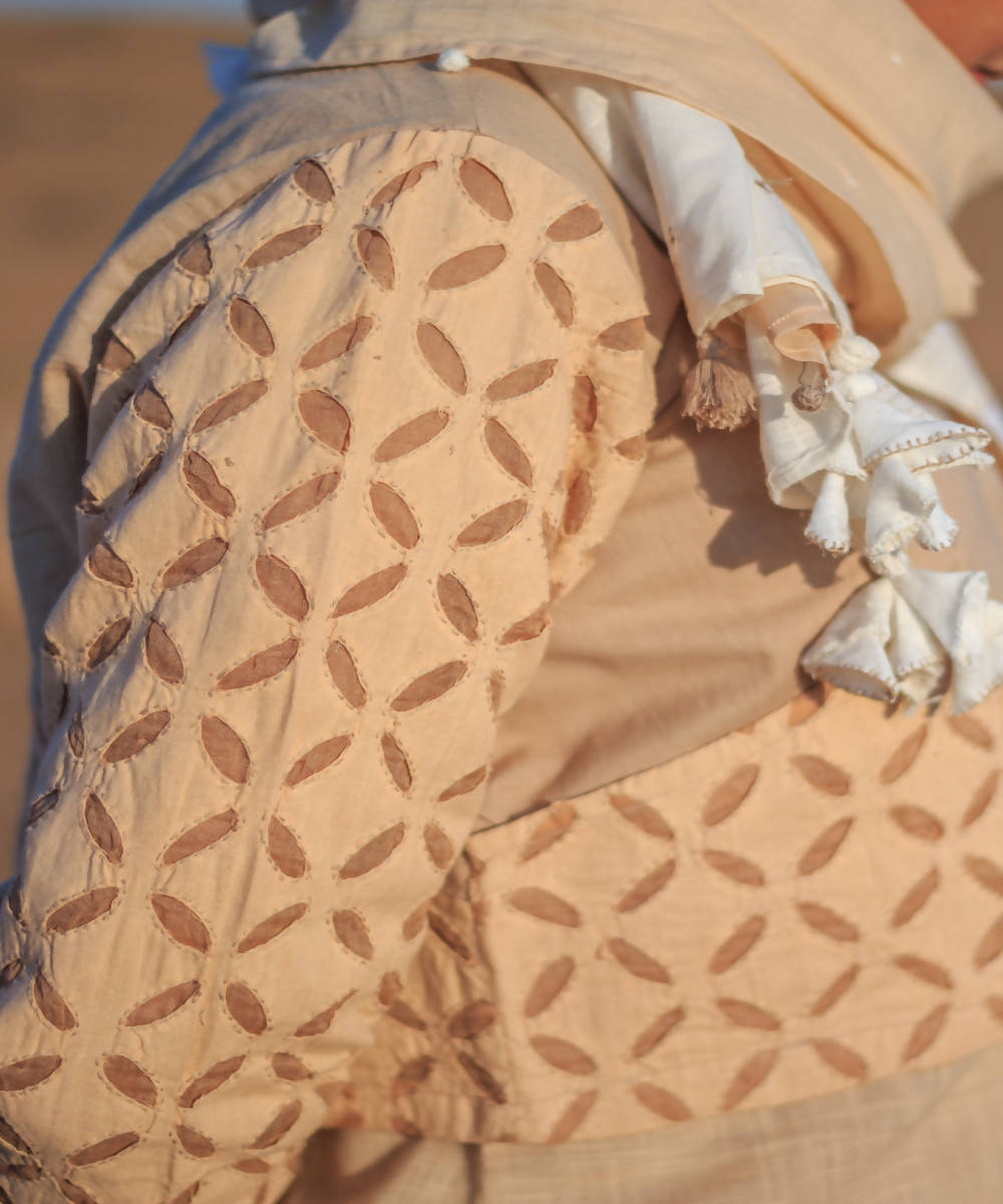Beige cutwork handcrafted cotton crop jacket