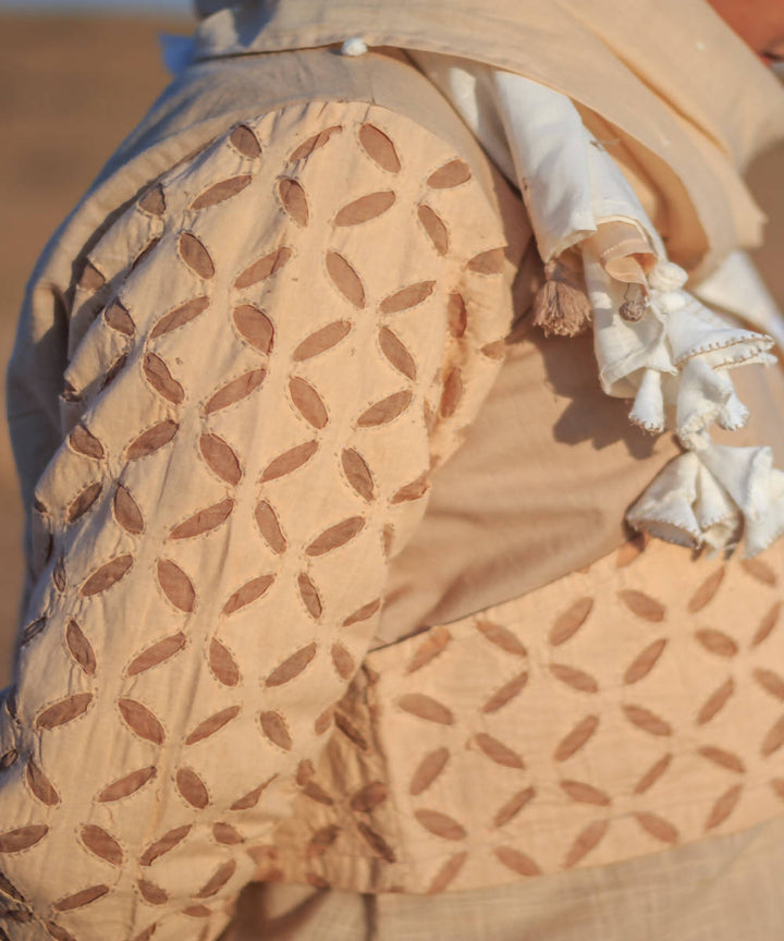 Beige cutwork handcrafted cotton crop jacket