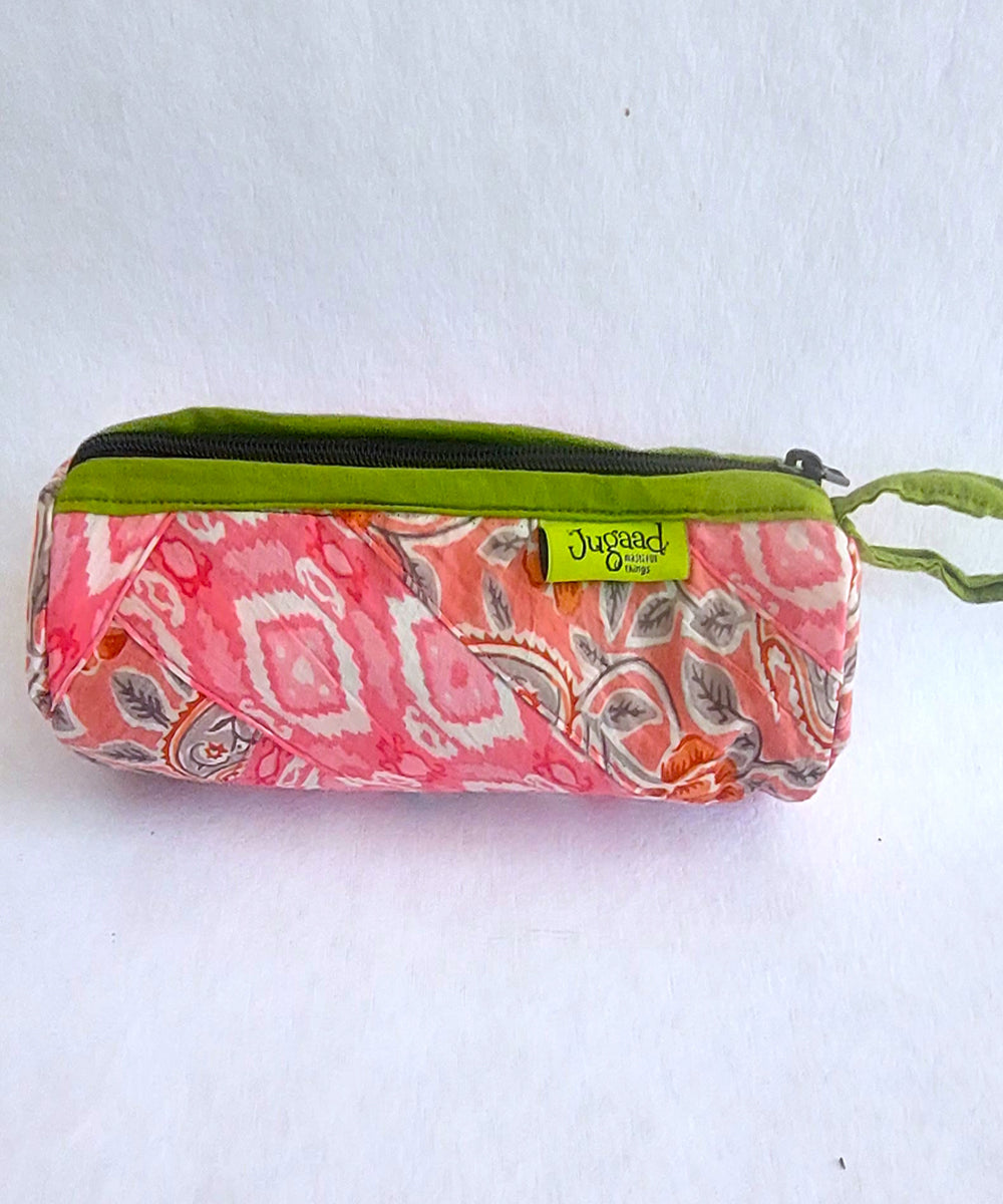 Pink and green handcrafted cotton pencil pouch