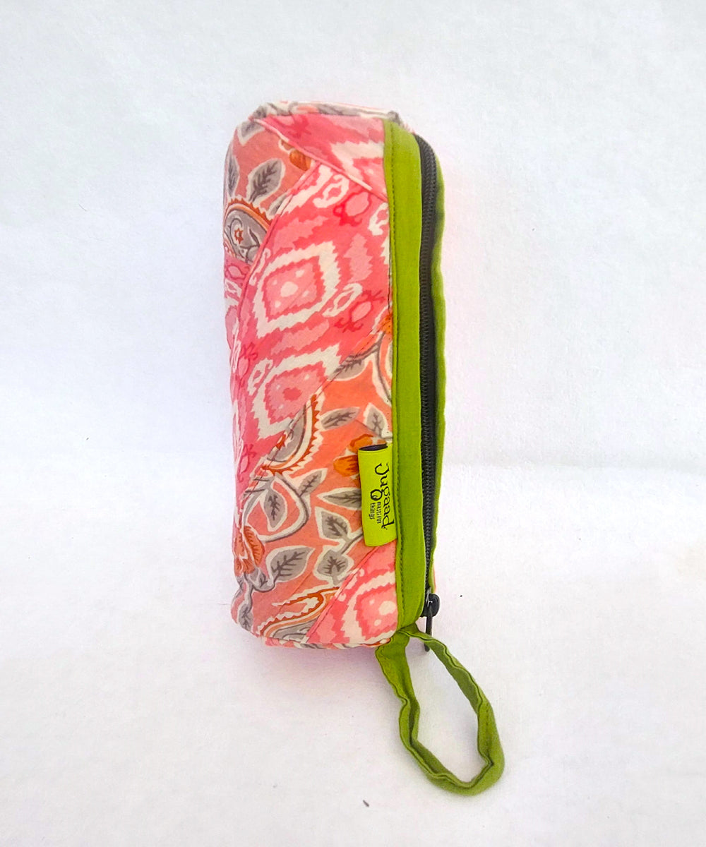 Pink and green handcrafted cotton pencil pouch