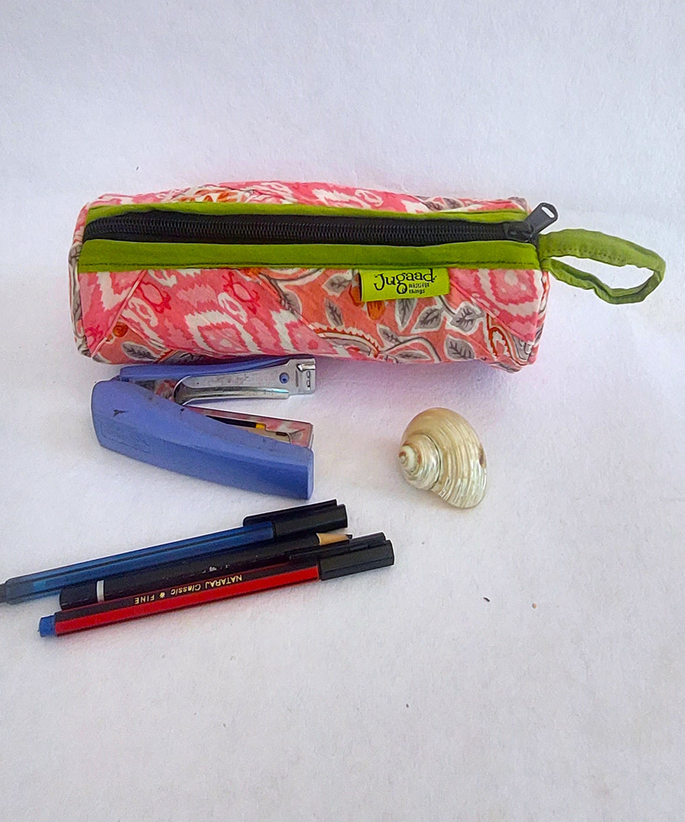 Pink and green handcrafted cotton pencil pouch