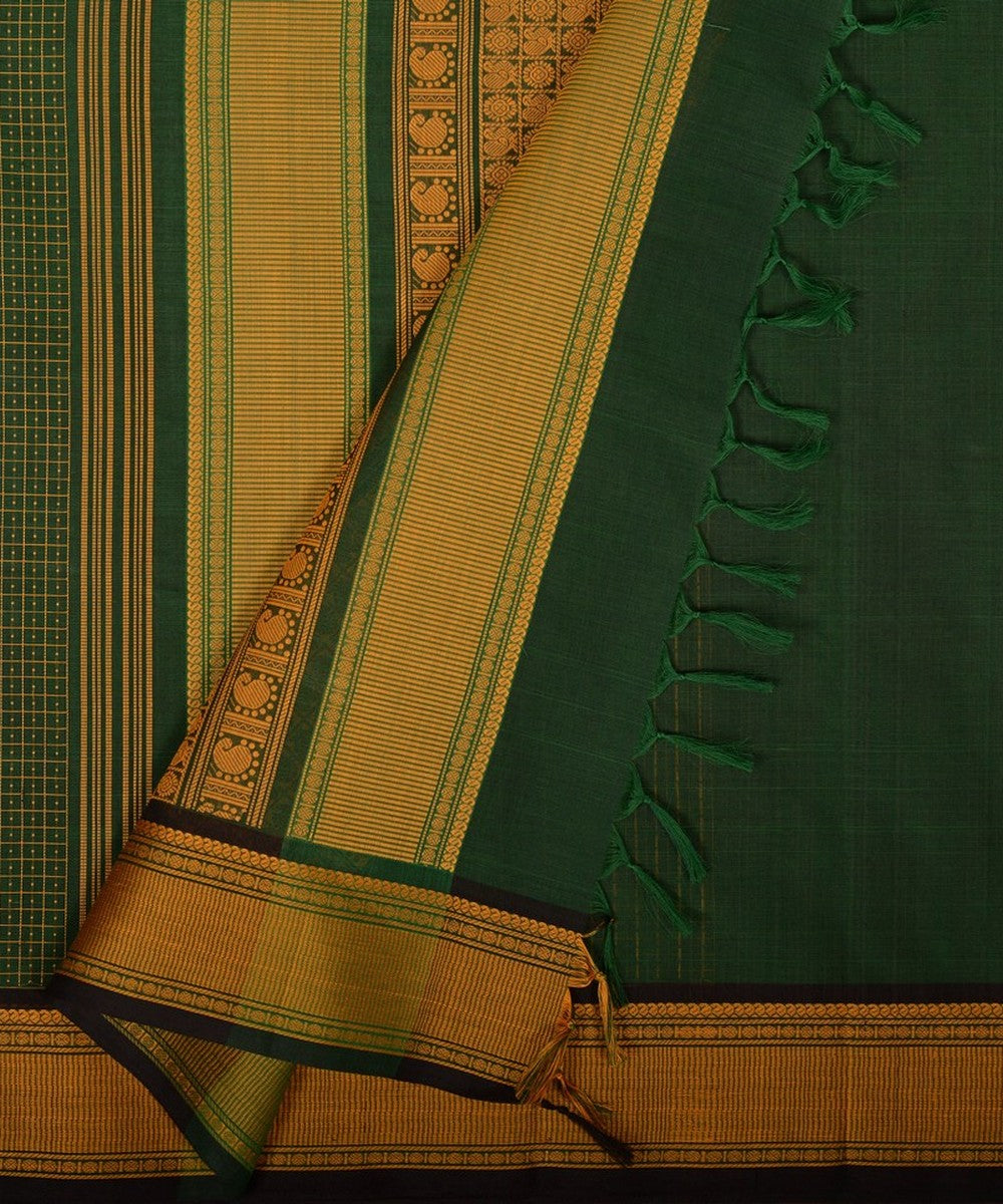 Dark green mustard butta handwoven kanchi cotton saree