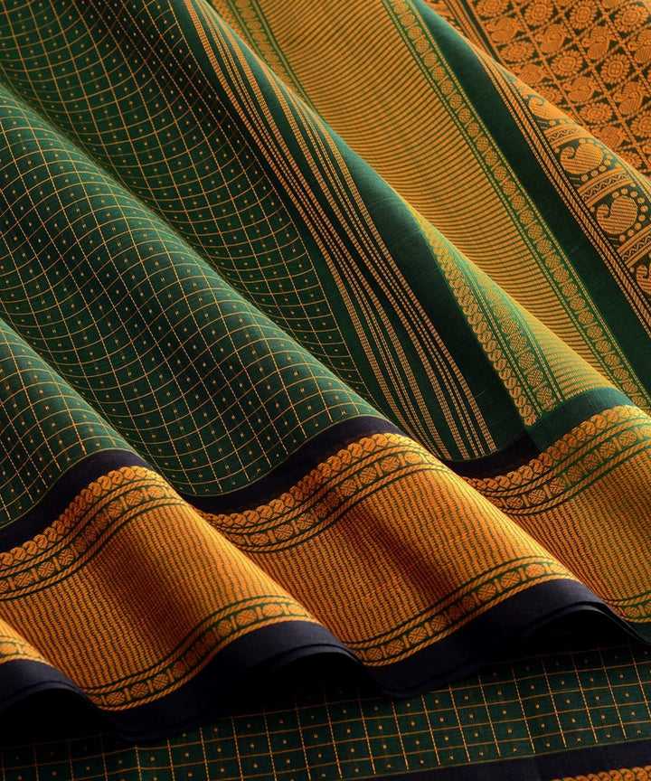 Dark green mustard butta handwoven kanchi cotton saree