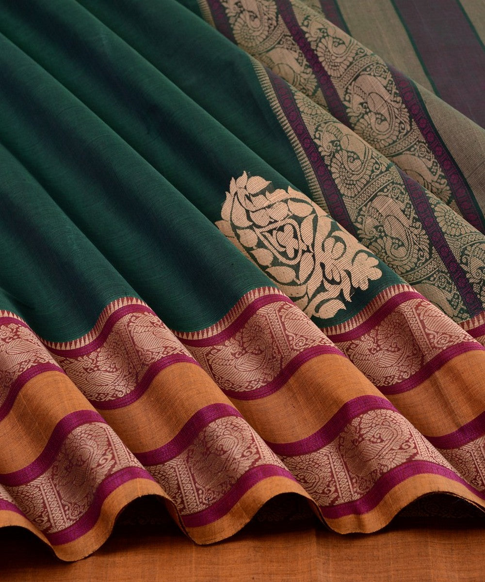 Dark green handwoven cotton kanchi saree