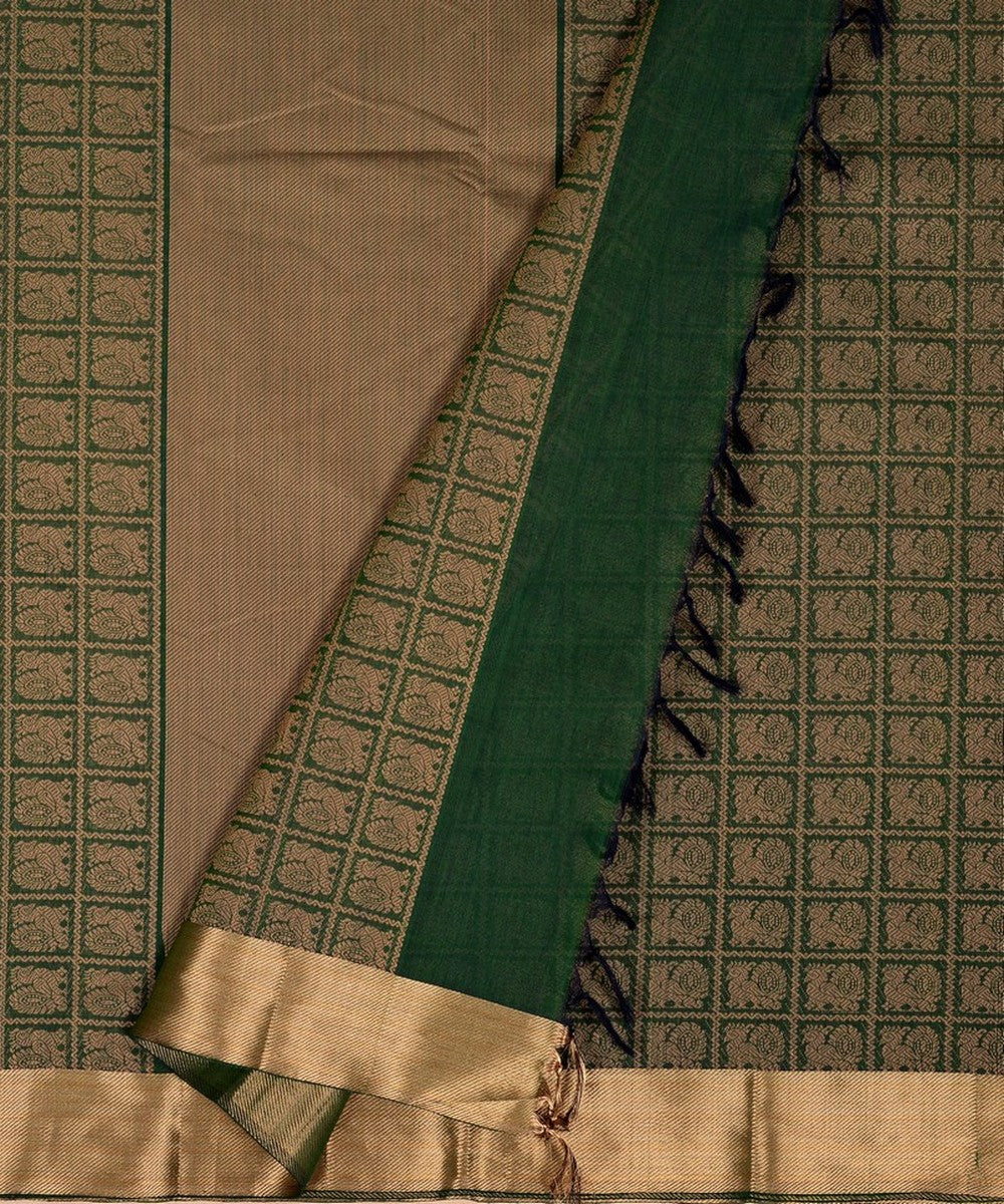 Dark green zari checks handwoven kanchi cotton saree